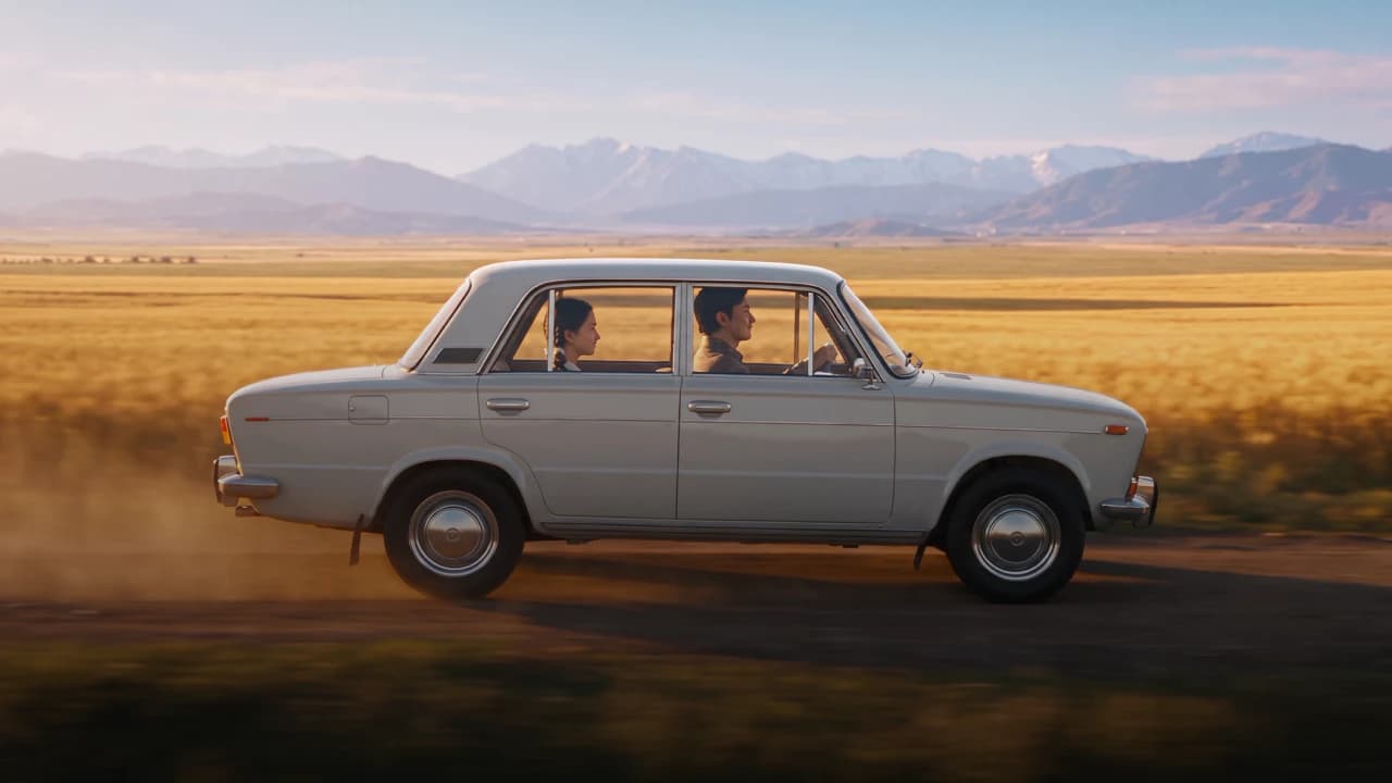 A vintage car on a road with mountains behind