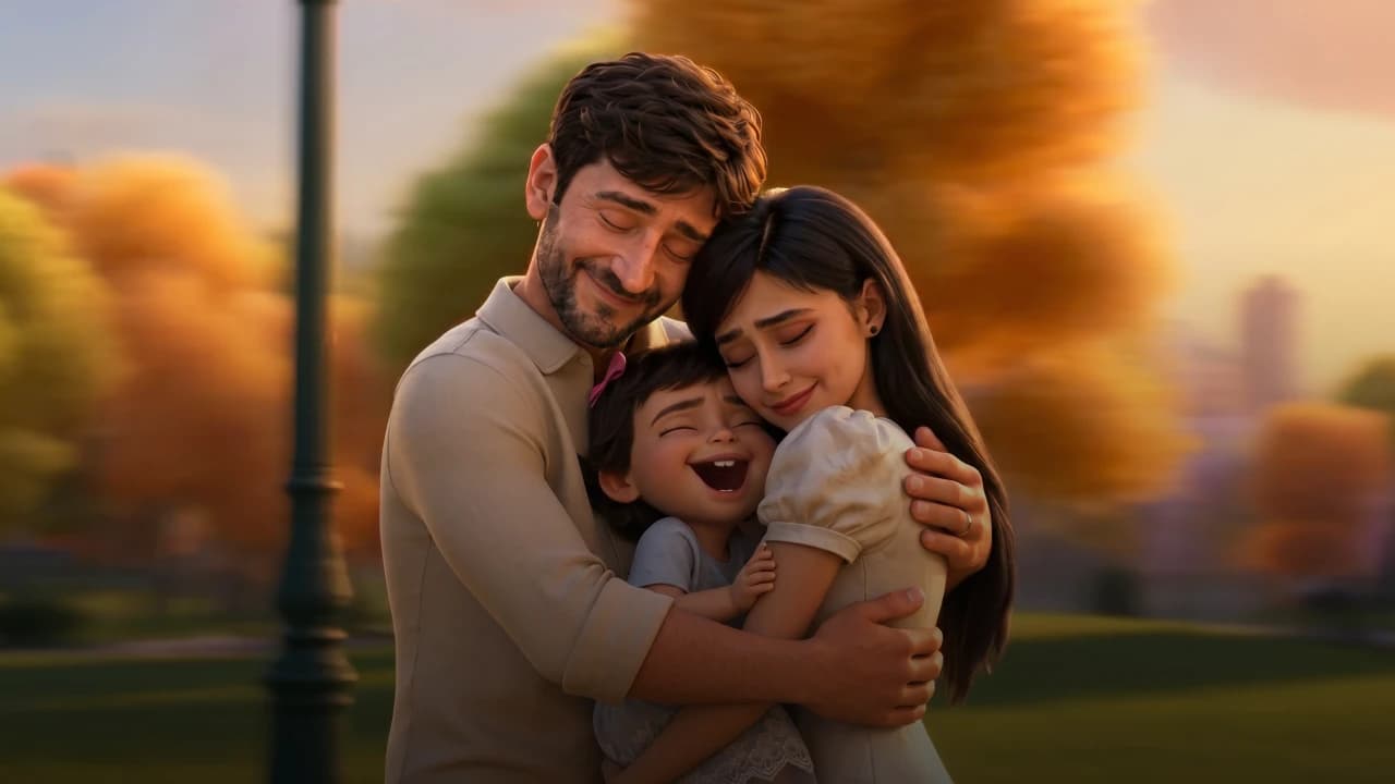 A family hug at sunset