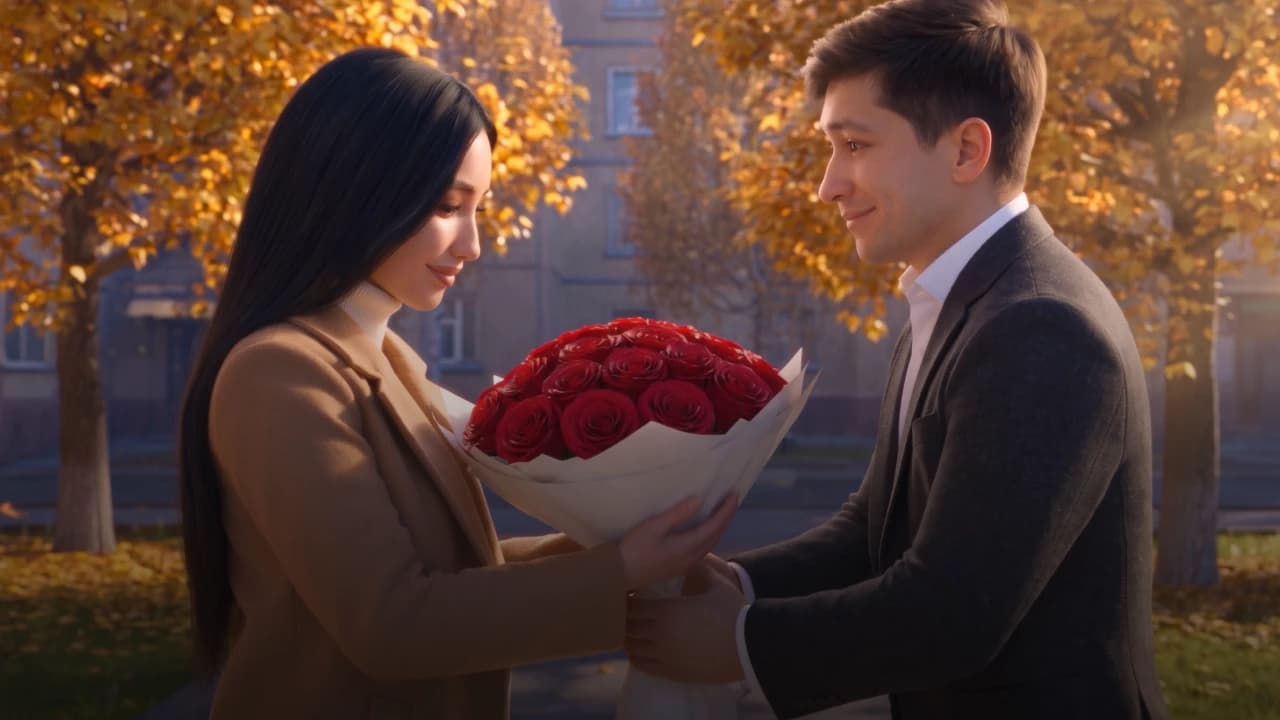 A bouquet of red roses in the autumn park
